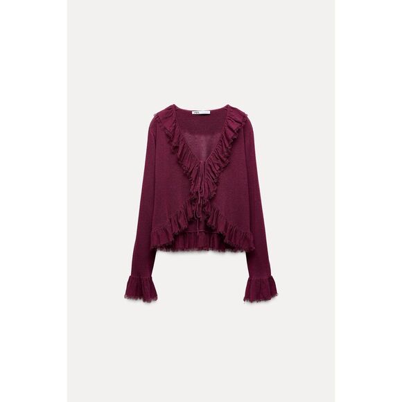 Burgundy Merlot Zara Ruffle Tie-String Lightweight Knit Cardigan Sweater (NWT) - Picture 1 of 7